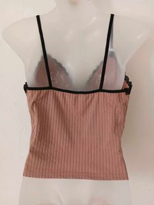 Pink Ribbed Camisole with Black Lace Trim