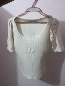 Cream Ribbed Scoop Neck Top