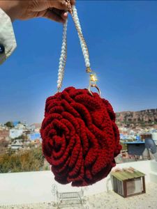 Crochet Rose Design Sling Bag with Pearl