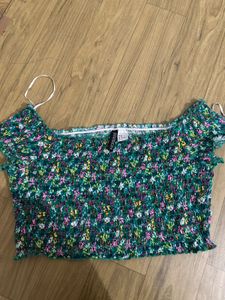 Green Floral Smocked Off-Shoulder Top