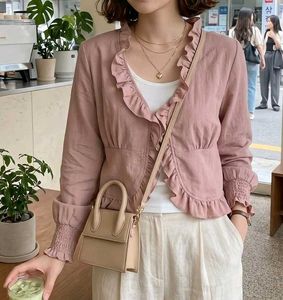 Chic Ruffled Pink Cropped Jacket