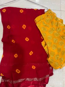 Red Bandhani Saree With Yellow Blouse