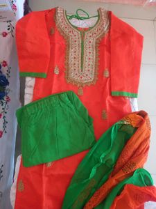 Orange Kurta Set with Green Pants &amp; Dupatta