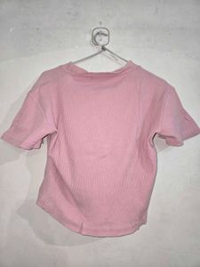 Pink Cropped Ribbed Top with Heart Detail
