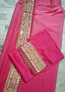 Elegant Pink Saree with Mirror Work Border
