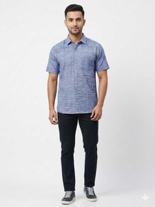 Men's Blue Textured Short Sleeve Shirt