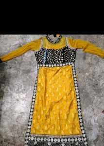 Yellow Ethnic Gown with Black Embellishments