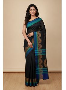 Elegant Black Saree with Blue & Green Border