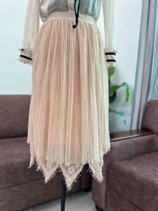 Elegant Pleated Midi Skirt with Lace Trim