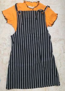 Striped Pinafore Dress with Orange Top