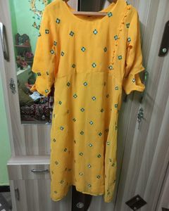Yellow mirror work Printed Kurti