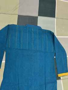 Teal Blue Kurta with Yellow Neckline