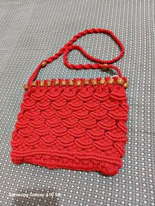 Red Macrame Sling Bag with Beads