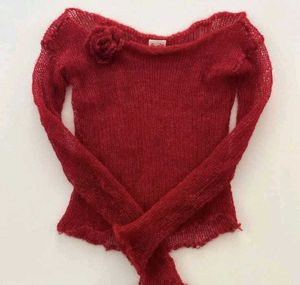 Chic Red Sheer Knit Top with Rose Detail