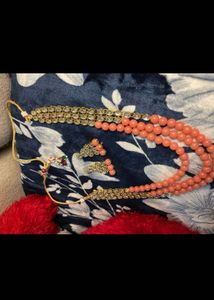 Stunning Peach Bead and Crystal Necklace Set