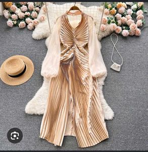 Elegant Pleated Maxi Dress with Sheer Sleeves