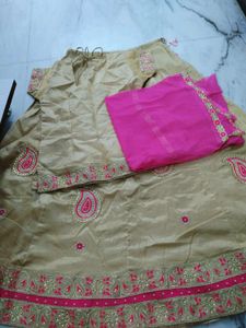 Stunning Golden Lehenga Choli with Pink Dupatta