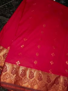 Vibrant Red Saree with Gold Border
