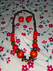 Chunky Red Beaded Necklace & Earrings Set