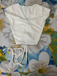 White Ruched Tie-Up Crop Top
