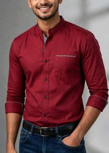 Stylish Maroon Band Collar Shirt
