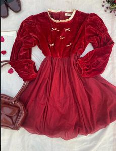 Maroon Puff sleeve Velvet coquette dress
