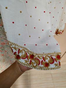 Off White linen embroidered flared kurta