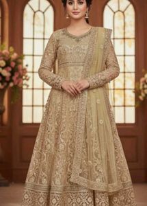 unstitched Elegant Golden Anarkali Suit