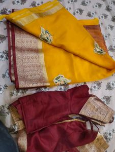 Elegant Yellow Silk Saree with Maroon Border