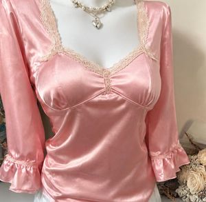 Pink Satin Lace Trimmed Puff Sleeve Top