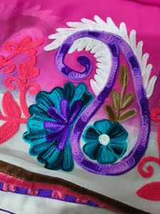 wool work Pink Embroidered Saree