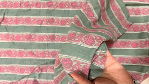 Green Striped Kurta with Pink Floral Print