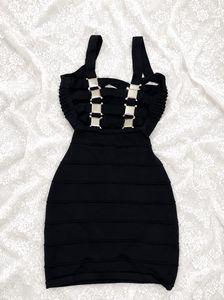 Chic Black Bandage Dress with Buckle Accents