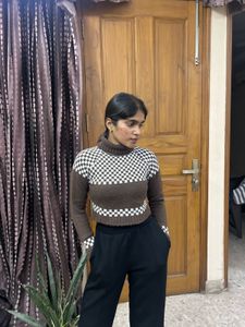 Checkerboard Turtleneck Crop Sweater