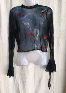 I. Sheer Black Floral Embroidered Top