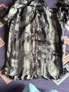 Smocked Print Button-Down Blouse