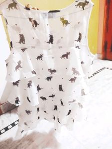 Cute Cat Print Ruffle Top