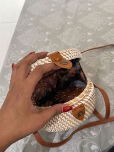Round Woven Crossbody Bag with Floral Embroidery
