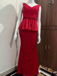 Korean Elegant Red Lace Peplum Gown