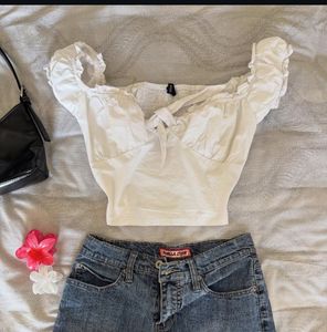 Cute White Tie Front Puff Sleeve Top
