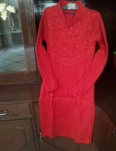 Stunning Red Embroidered  Woolen Kurta