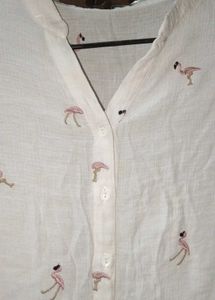 White Embroidered Flamingo Top