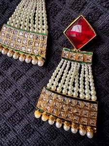 Red Stone &amp; Pearl Drop Earrings