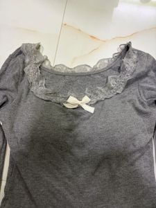 💕🌟Grey ribbed knit long sleeves top and Denim sh