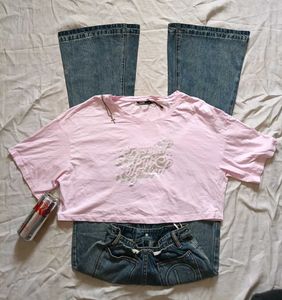 Pink Graphic Crop Top & Flare Jeans Outfit