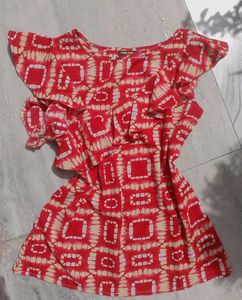 Red & Beige Geometric Print Ruffle Top