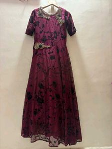 ice velvet work  Burgundy Embroidered Gown