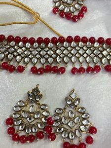 Red Kundan Necklace &amp; Earring Jewellery Set