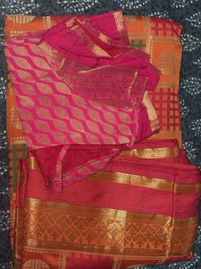 Vibrant Orange &amp; Pink Saree with Gold