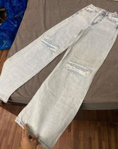 ZARA Light Wash Ripped Wide Leg Jeans